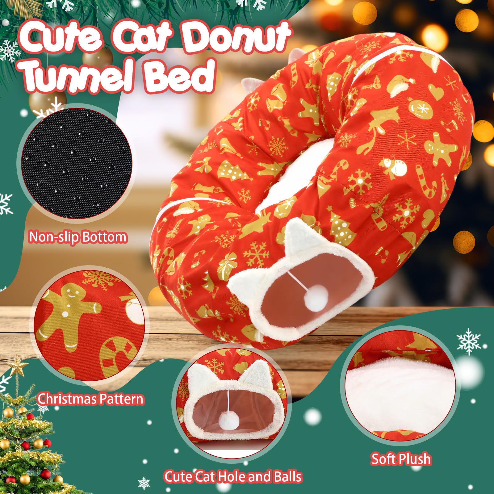 Cinnvoice Christmas Cat Tunnel Bed with hanging ball promotes interactive play for indoor cats.