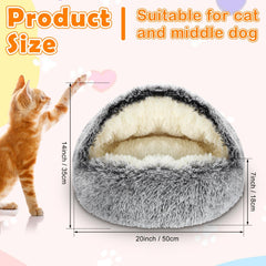 Cinnvoice self-warming cat bed semi-cave close-up in plush fabric for snuggly comfort.