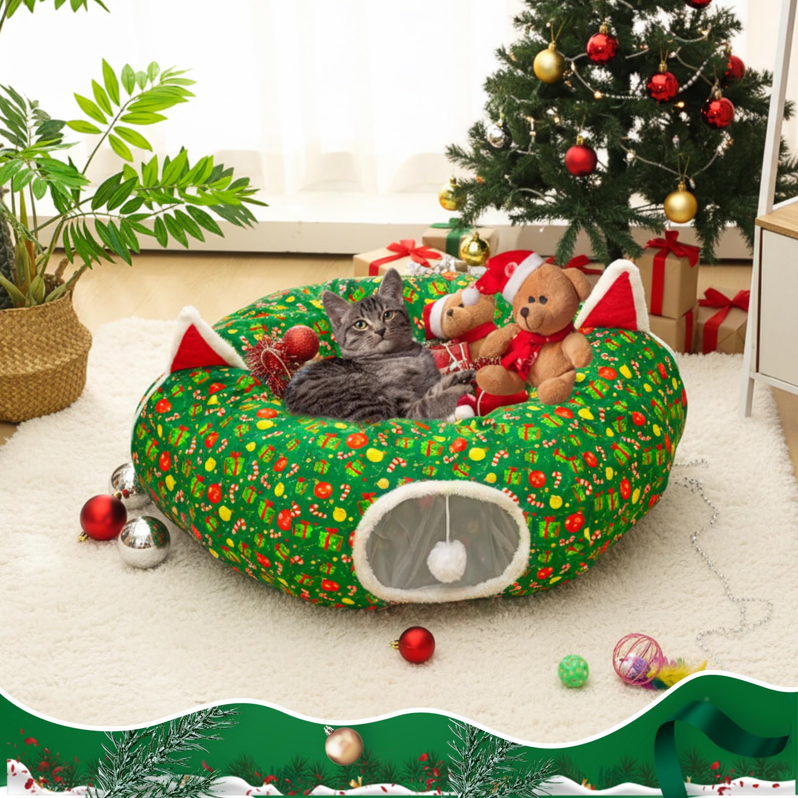 Cinnvoice under-tree cat tunnel setup blends decor with safe feline fun
