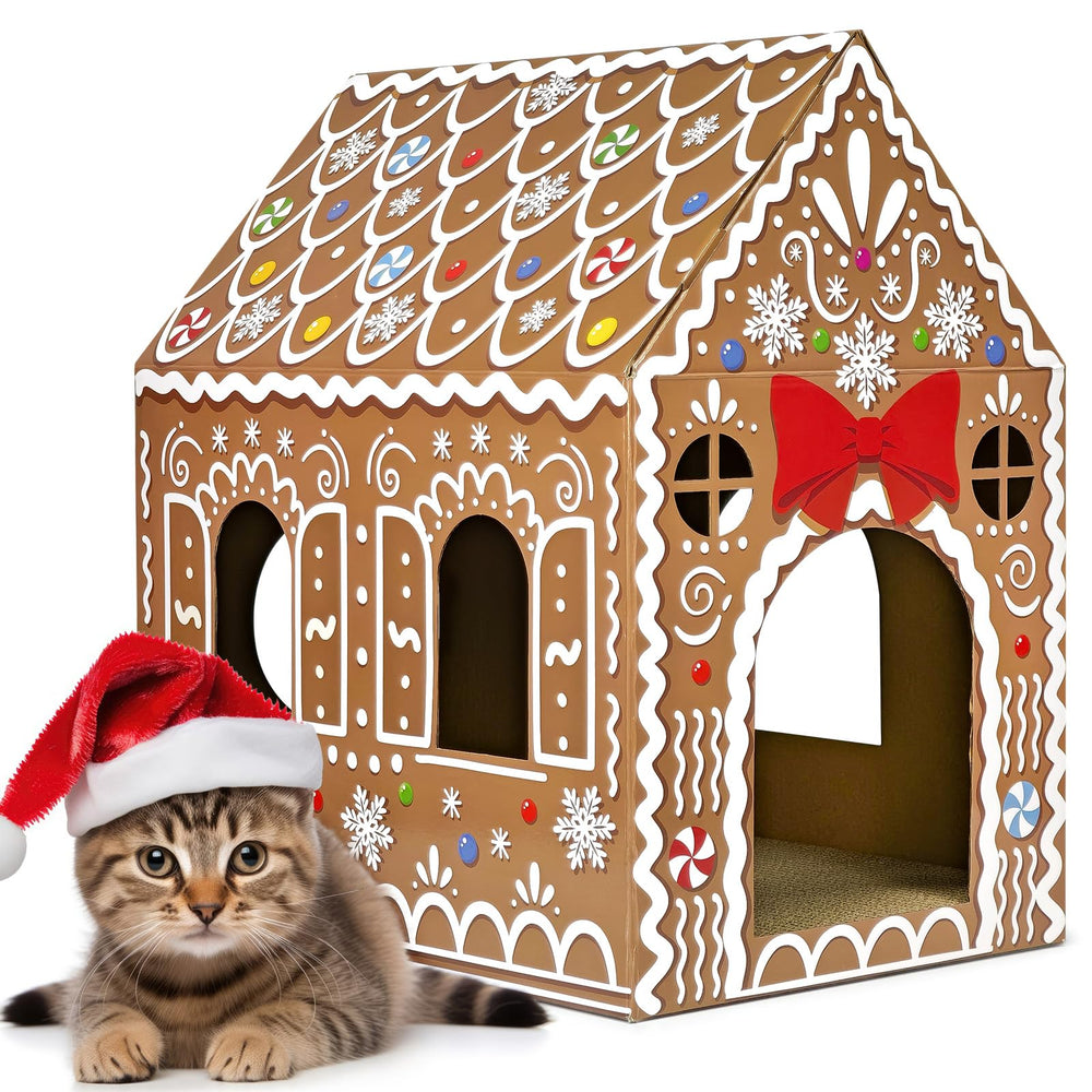 Cinrobiye Christmas cardboard cat house exterior with gingerbread motif for festive décor and pet retreat