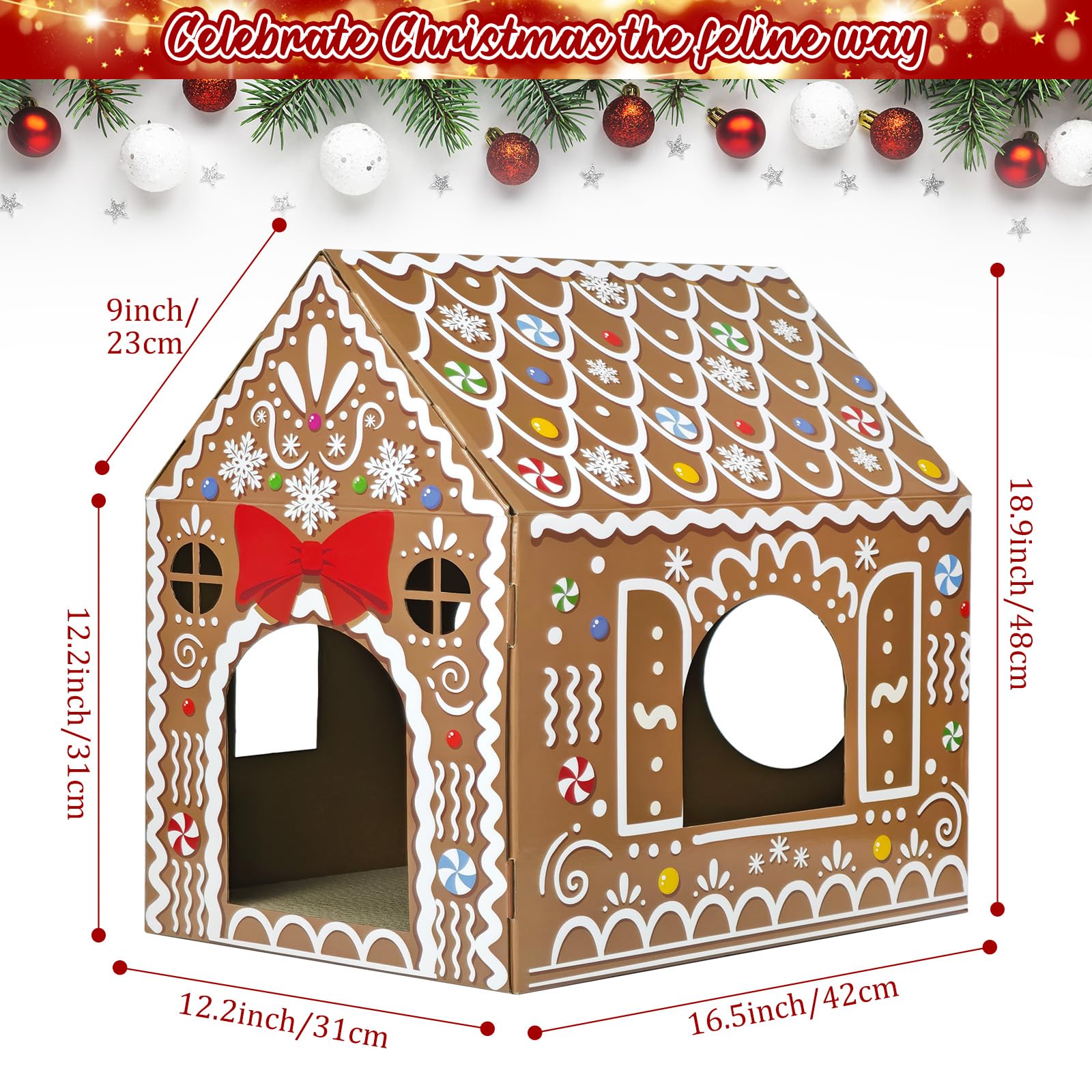 Cinrobiye Christmas cat house interior showing three windows for safe perches and curious peeks