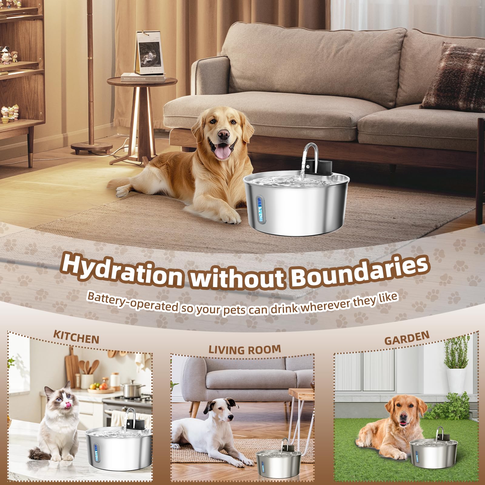 CITIZILI 7L capacity photo shows long intervals between refills for multi-pet homes.