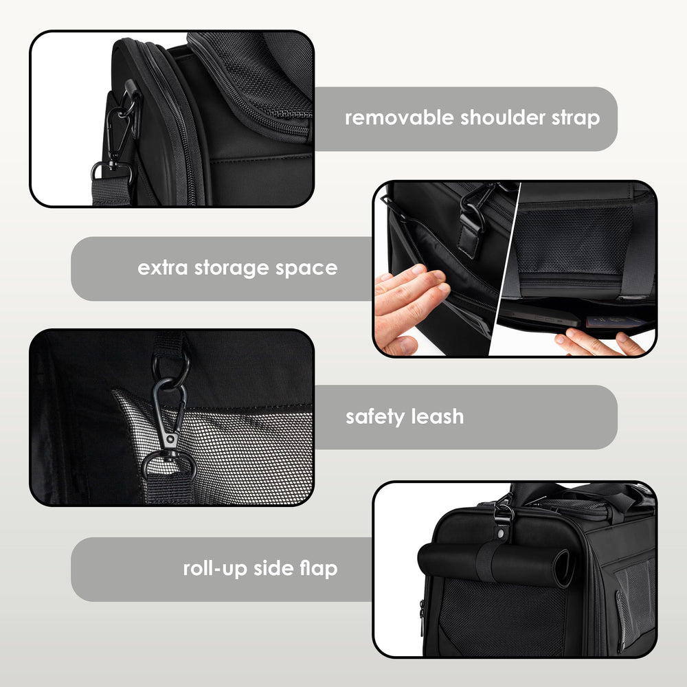 Citrusy TSA pet carrier XS/S side pocket stores treats and gear.