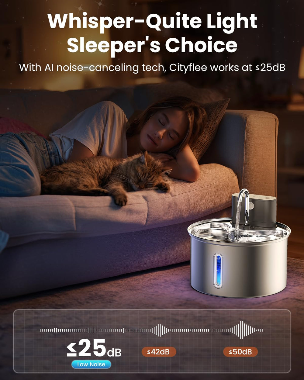 Cityflee cat water fountain ultra-silent operation ensures peaceful nights.