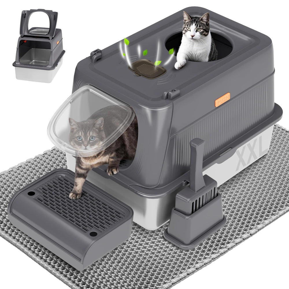 Citylife stainless steel cat litter box with front door offers easy access and spill protection.
