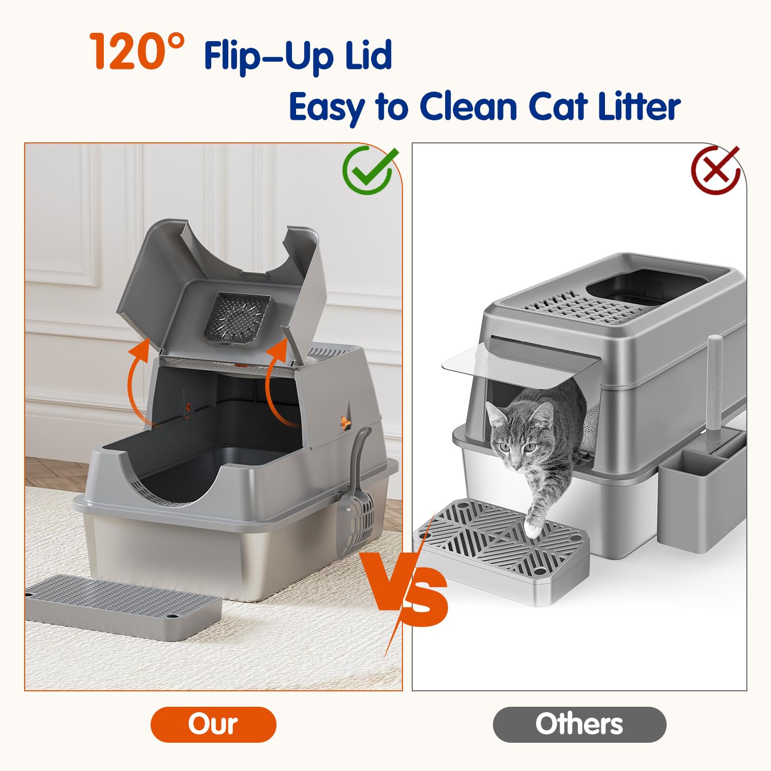 Citylife stainless steel litter box 120-degree flip-top lid enables quick cleanup