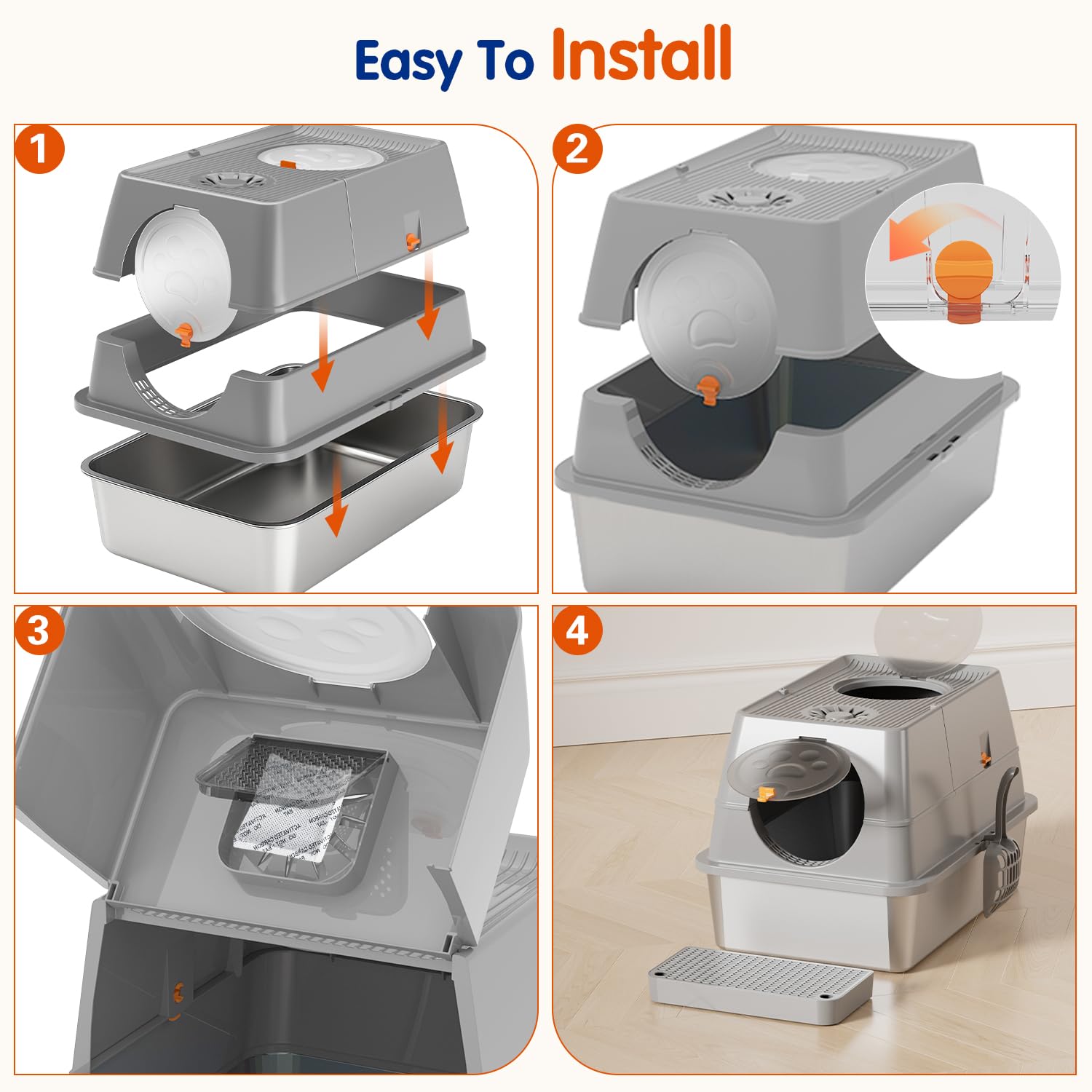 Citylife litter box features silent anti-slip pad and top charcoal bag for stability and scent control