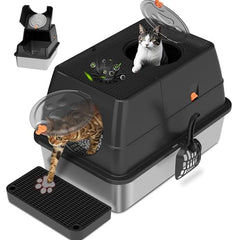 Citylife stainless steel litter box with lid, front-entry view highlighting easy access and odor control.