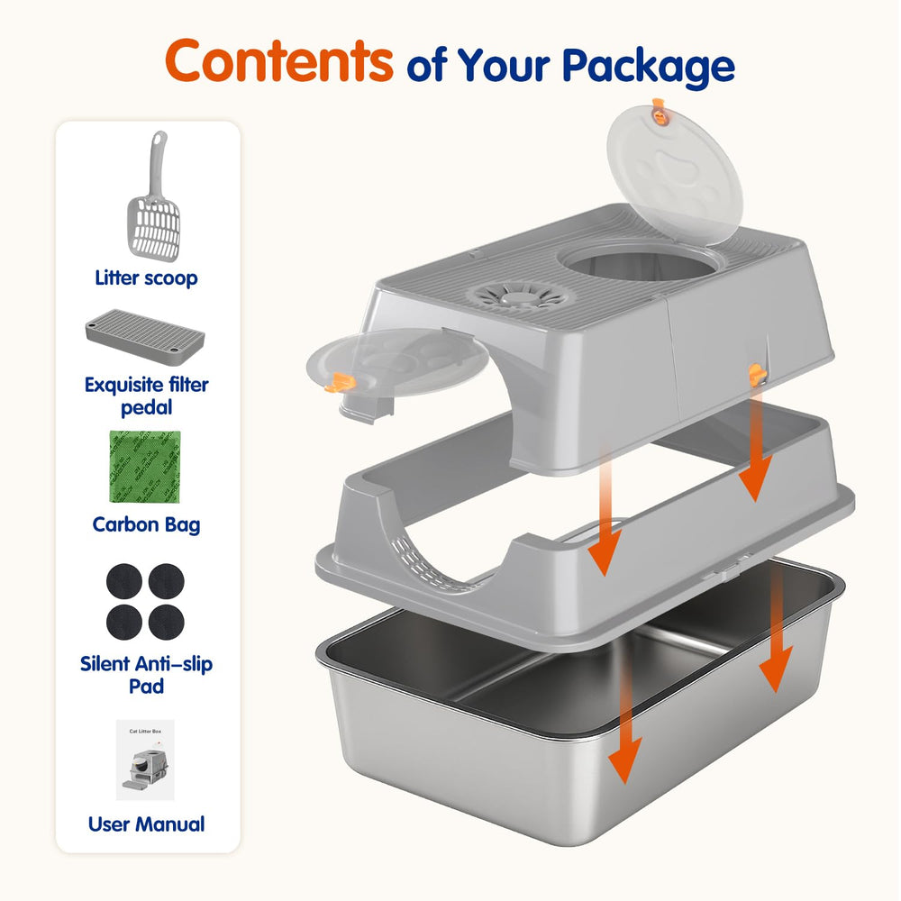 Citylife stainless steel litter box includes scoop and accessories for easy upkeep
