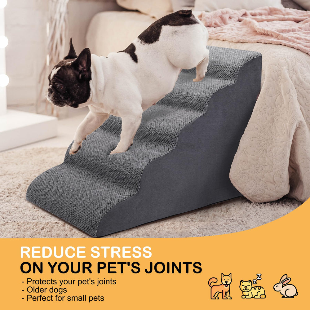 CiWiVOKi Dog Stairs on bed demonstrates versatile setup for high surfaces.