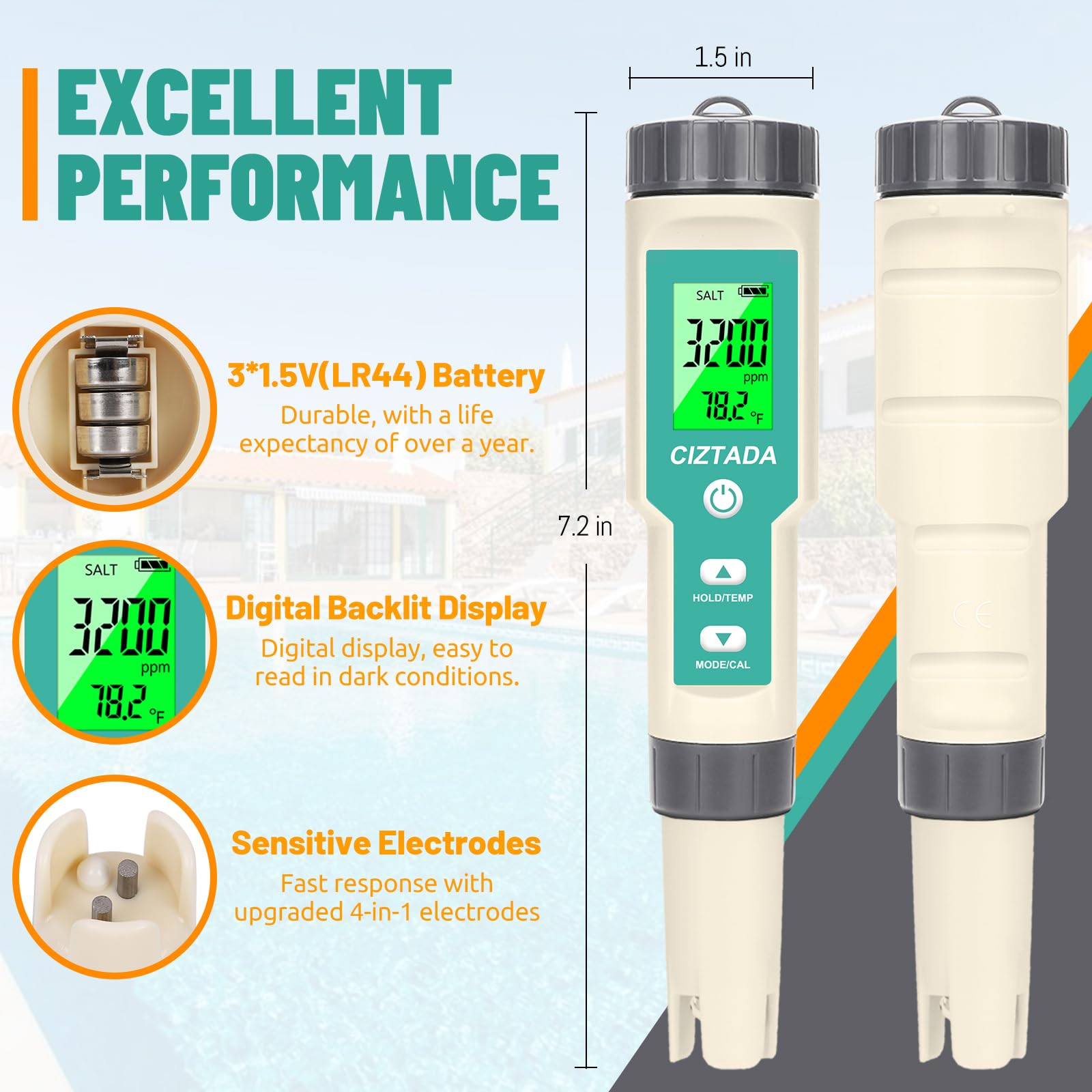 CIZTADA digital salinity tester with ATC maintains accuracy across temperatures.