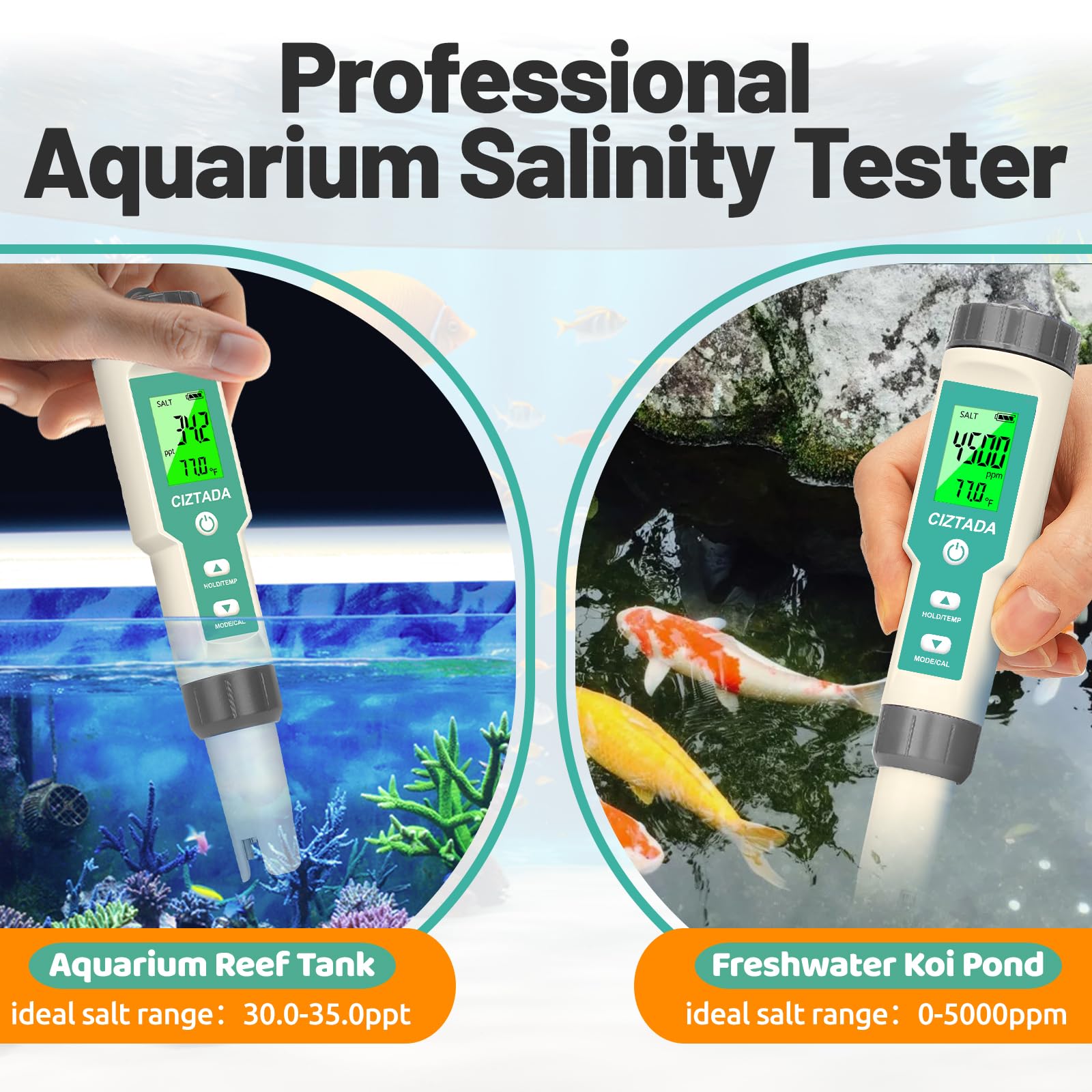 CIZTADA salinity tester multi-parameter reads TDS, EC, and Temperature.