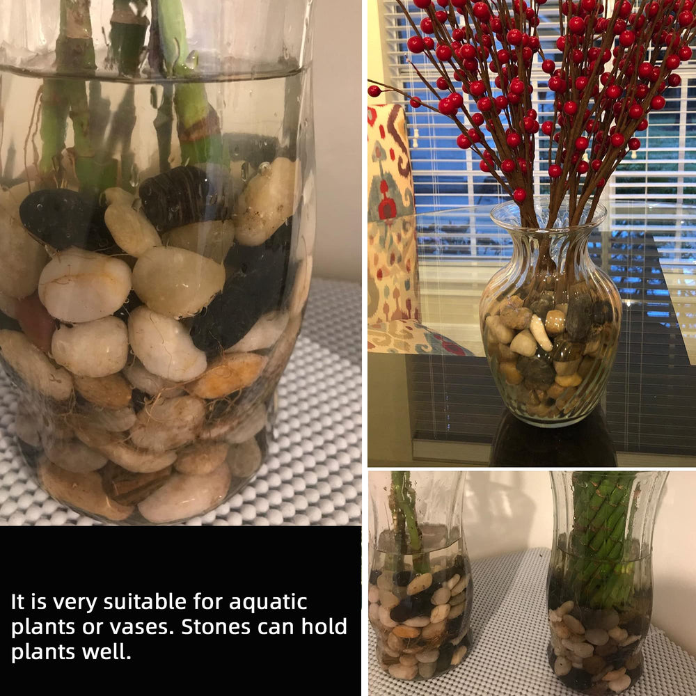 CJGQ pebbles as vase fillers and aquarium accents, creates subtle contrast.