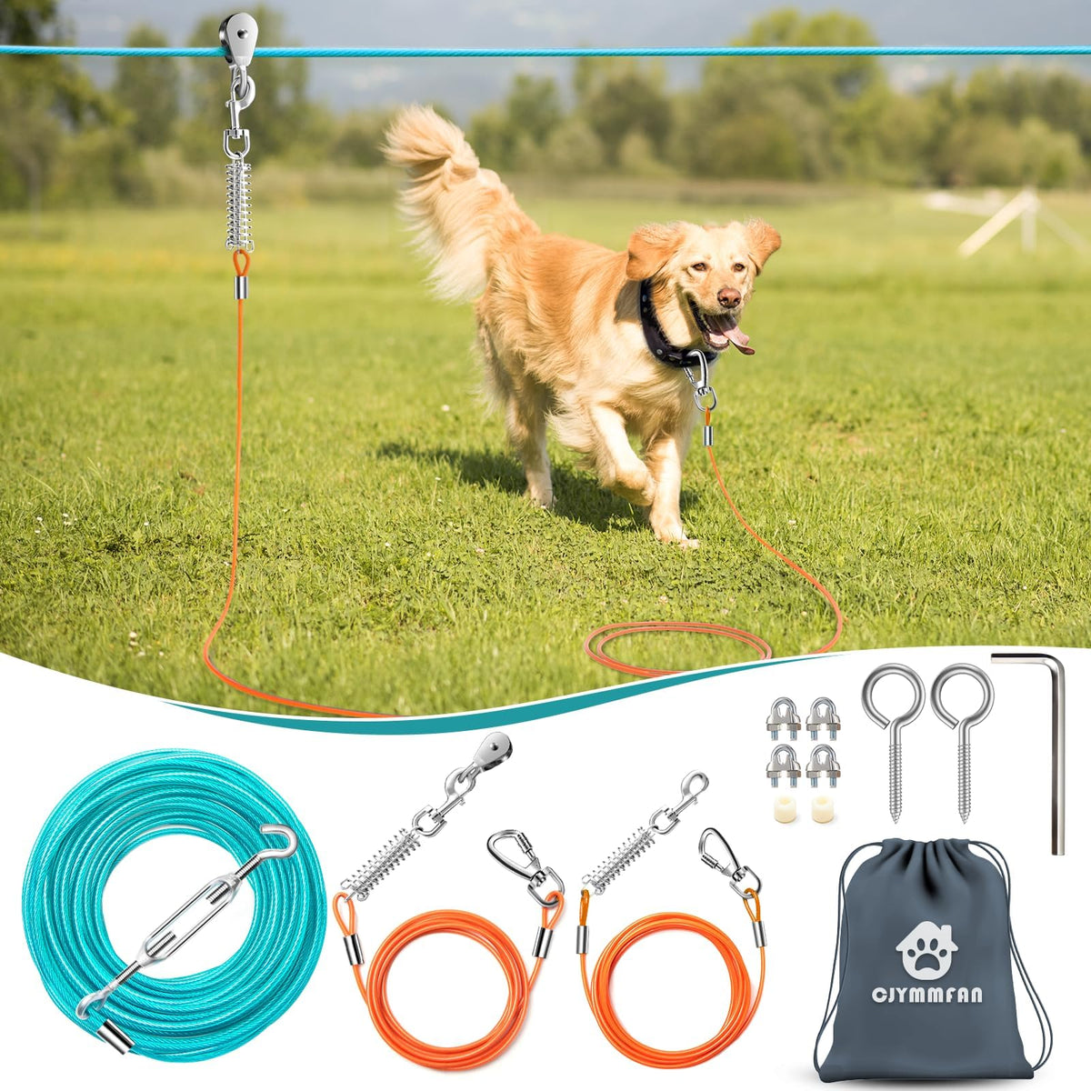 CJYMMFAN dog runner system overview illustrating versatile outdoor tethering for yards.