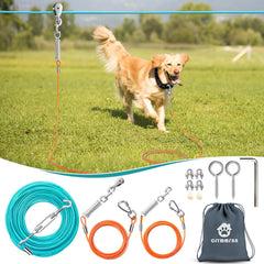 CJYMMFAN dog runner system overview illustrating versatile outdoor tethering for yards.