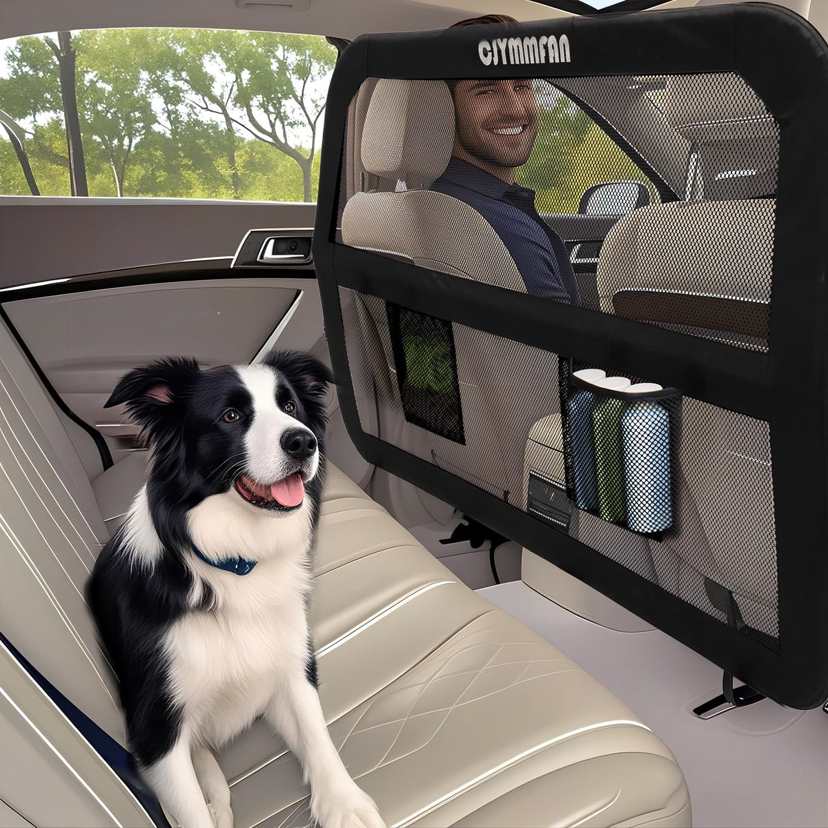 CJYMMFAN dog barrier back-seat net visibility enables pet monitoring and passenger comfort.