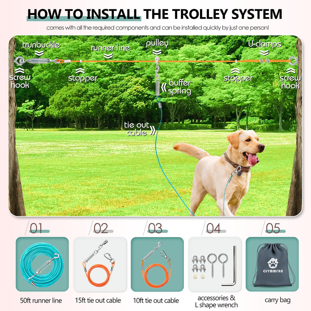 CJYMMFAN dog runner system assembly helps secure trees or walls with sturdy mounting.