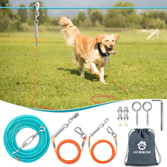 CJYMMFAN Professional Dog Runner Trolley System overhead setup demonstrating secure adjustable outdoor play