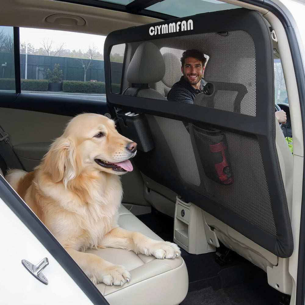 CJYMMFAN backseat barrier shows wide coverage to keep pets contained and reduce driver distraction.