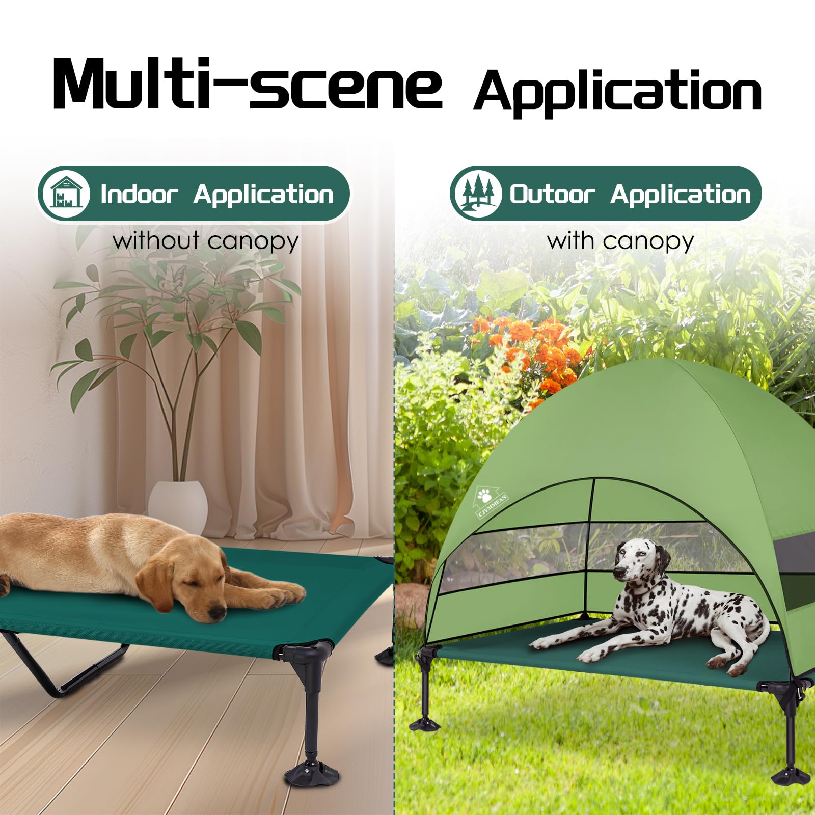 CJYMMFAN dog bed canopy is waterproof for rain-ready outdoor lounging.