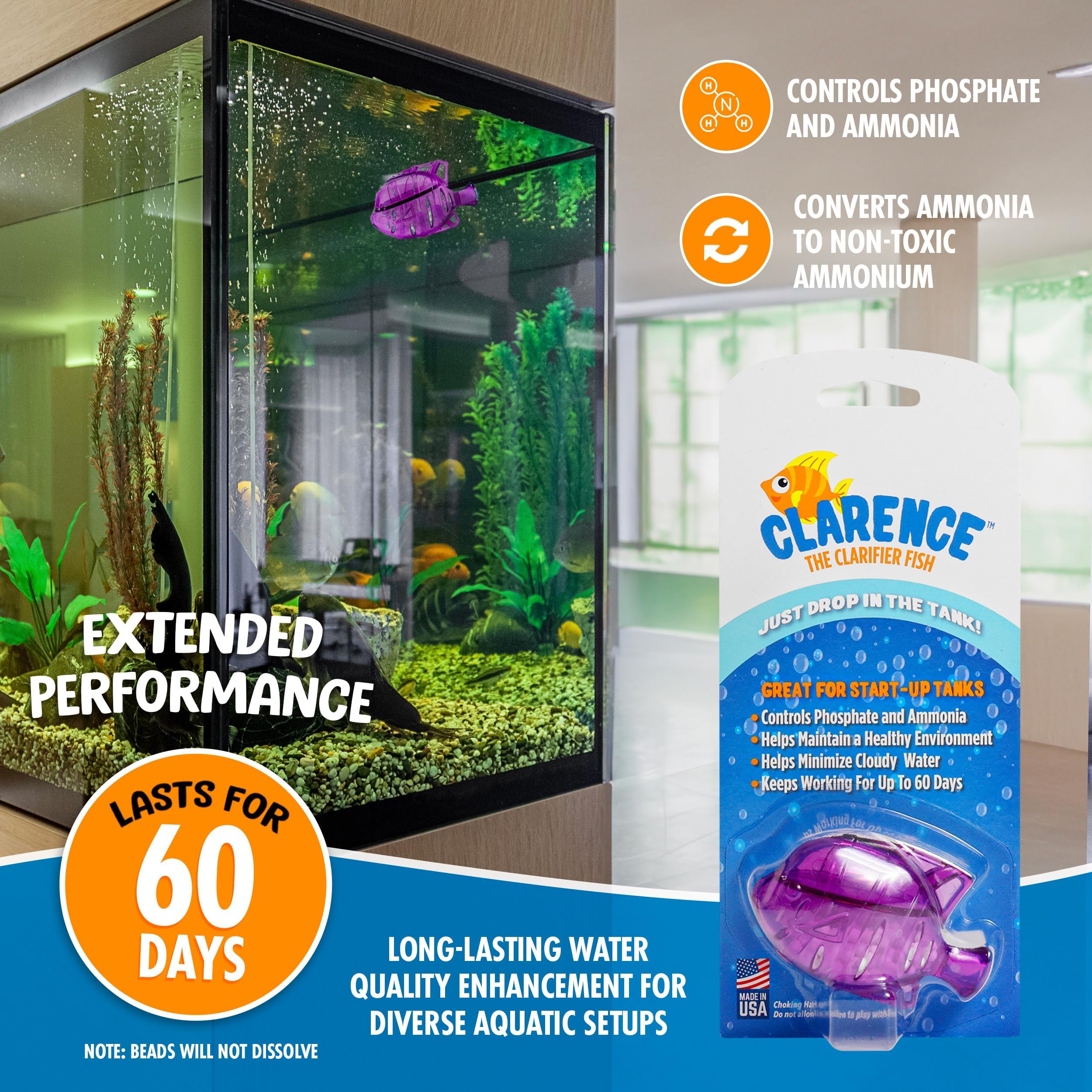 Clarence the Clarifier Fish active beads safely treat water for aquatic life.