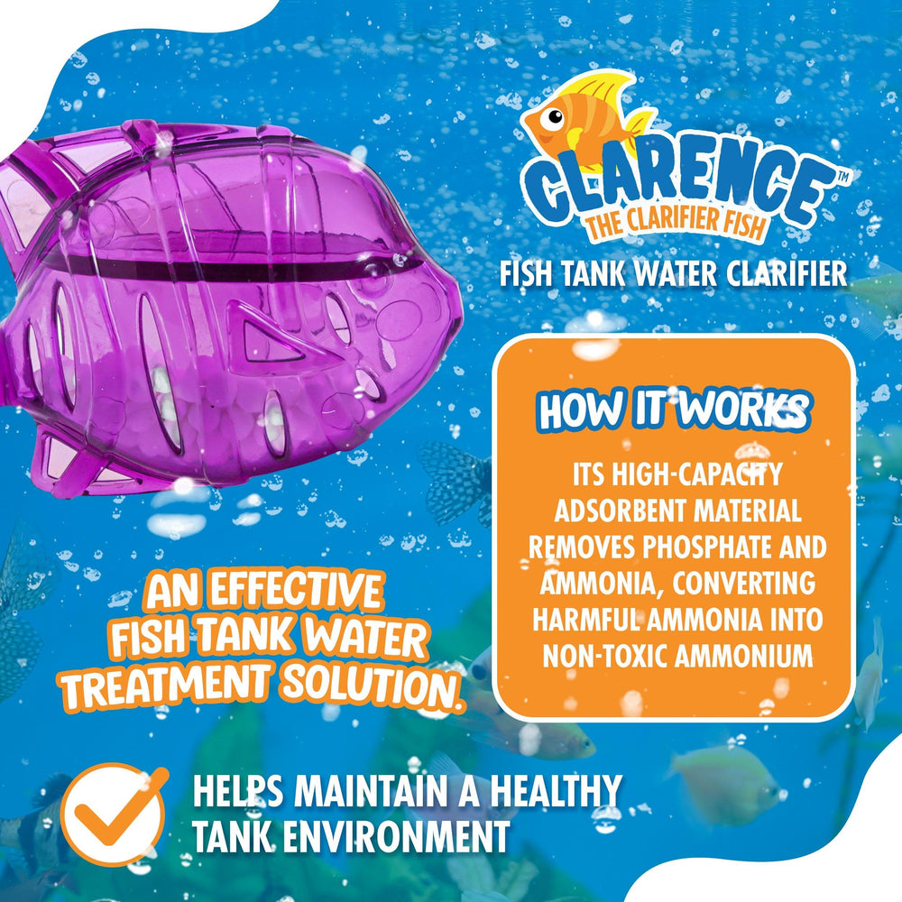 Clarence the Clarifier Fish reduces ammonia and phosphate for healthier aquarium conditions.