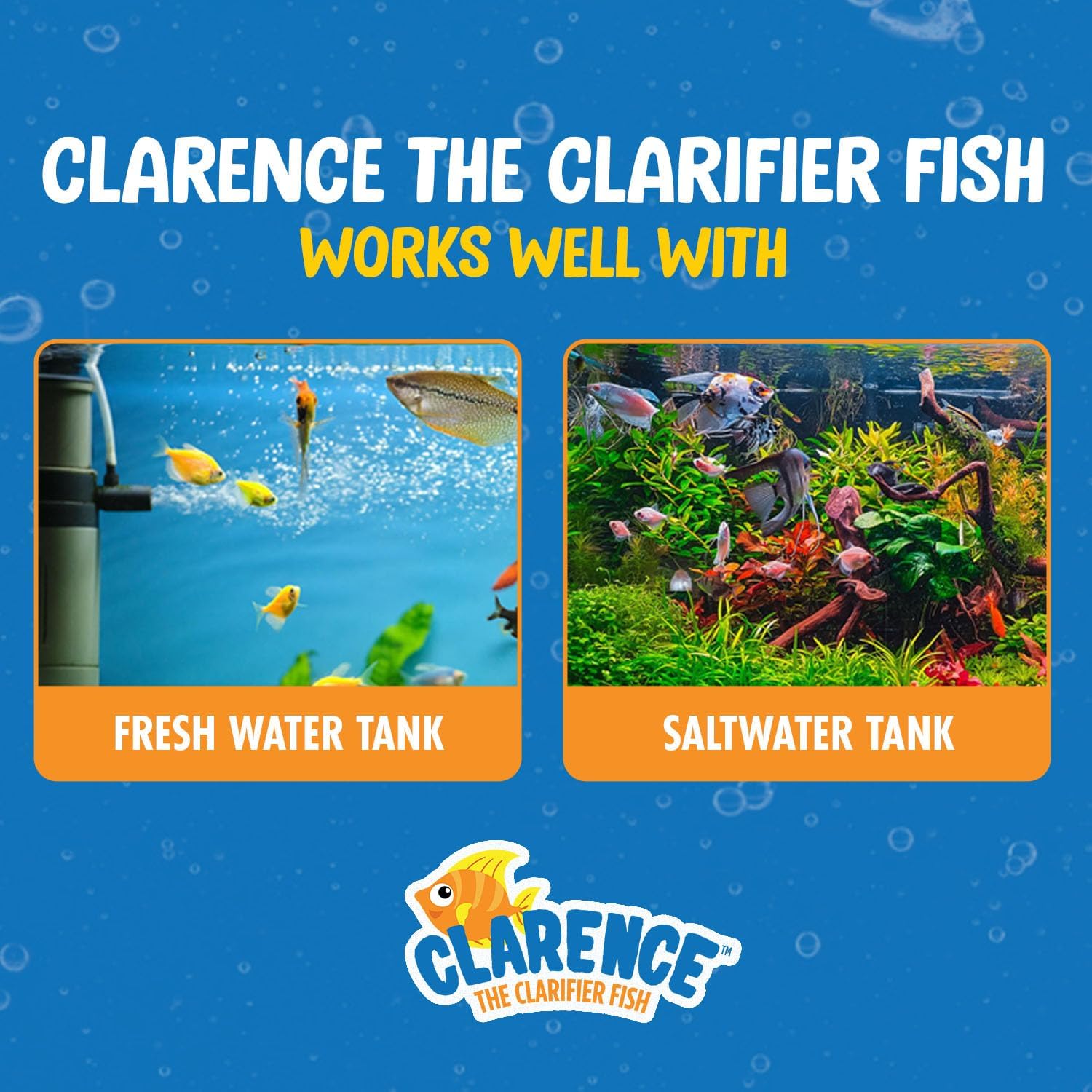 Clarence the Clarifier Fish works in freshwater and saltwater tanks with plants.
