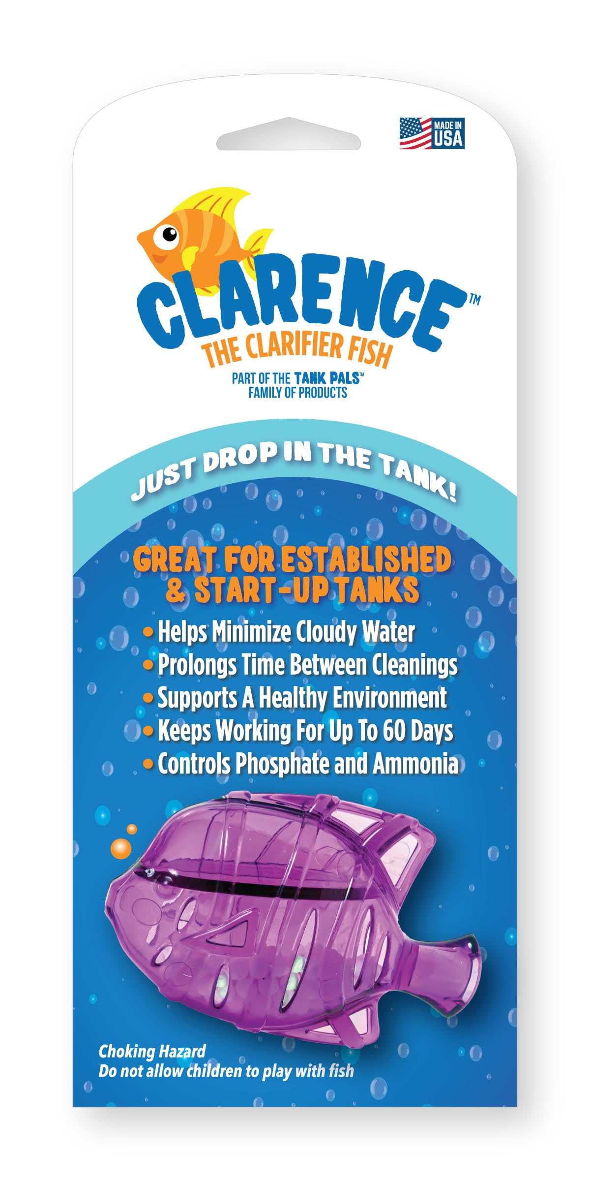 Clarence the Clarifier supports up to 60 days of water clarity in proper tanks.