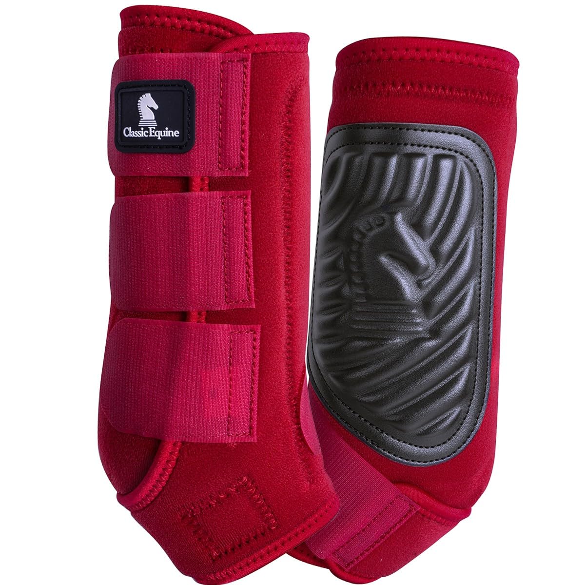 Classic Equine ClassicFit sling boot on the front leg in dark denim, offering added joint protection.