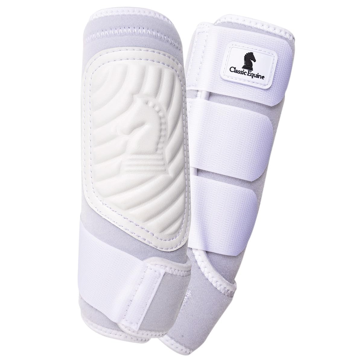 Classic Equine ClassicFit Sling Boot front view in white for secure front-leg protection.