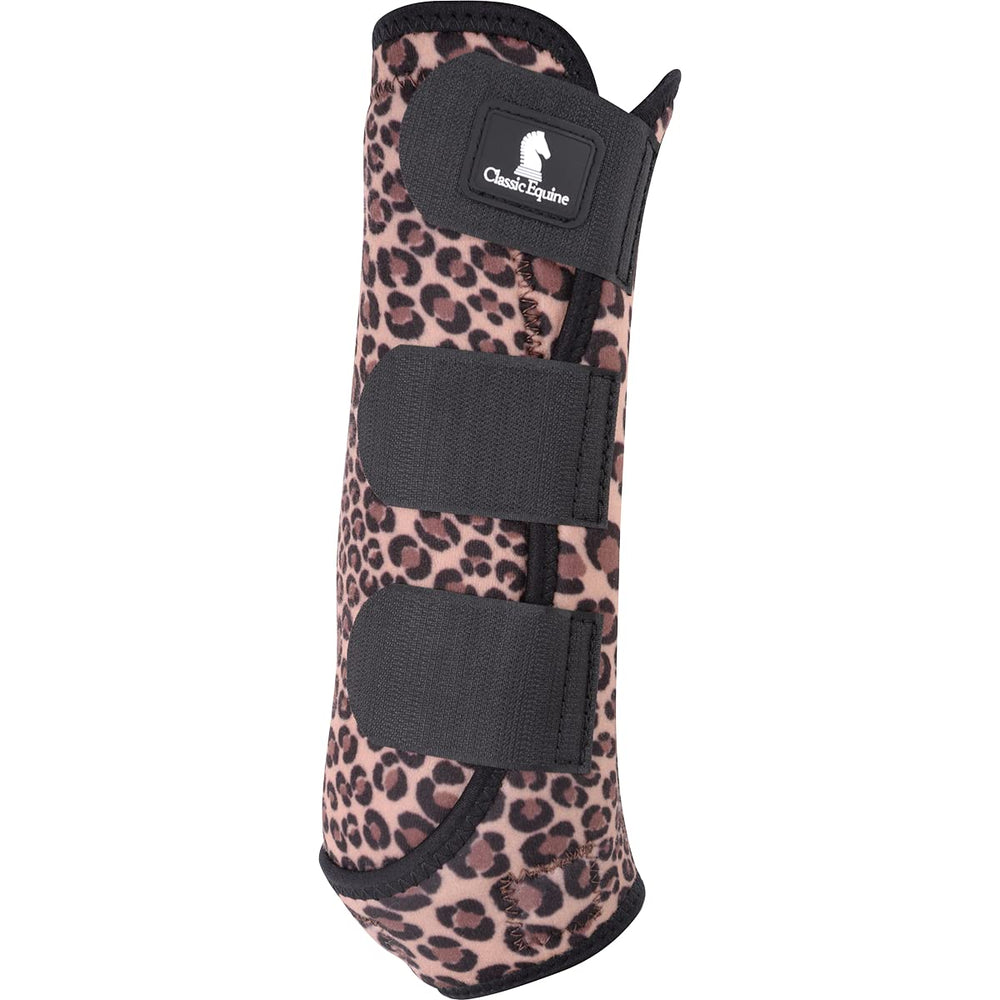 Classic Equine ClassicFit sling boot hind cheetah small demonstrates ergonomic, snug fit for clean wear.