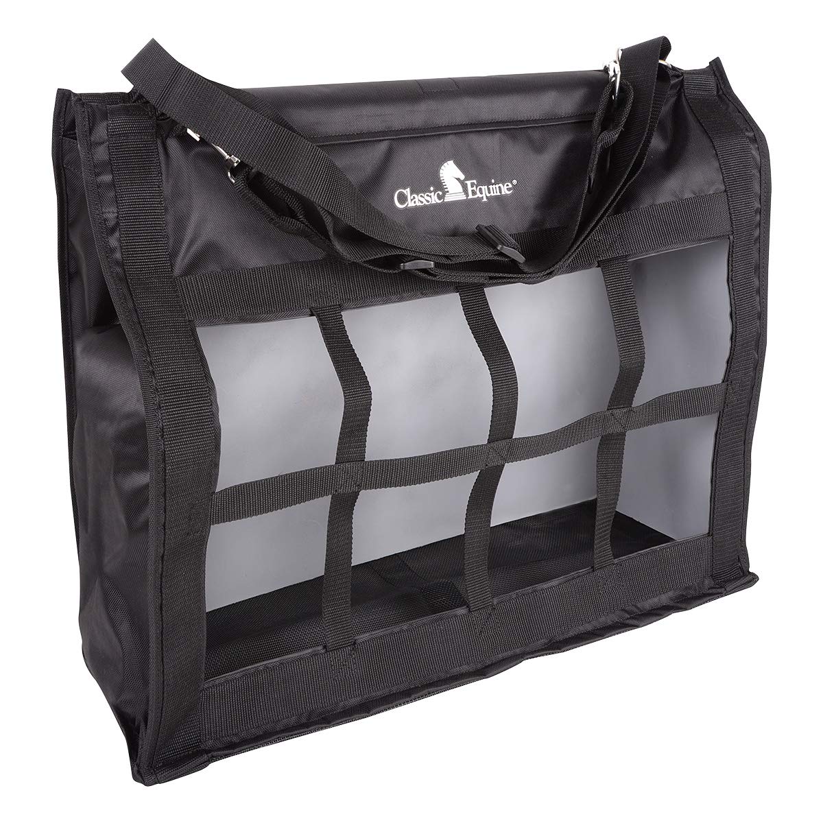 Classic Equine Designer Top Load Hay Bag black front view for easy filling and reduced hay waste.