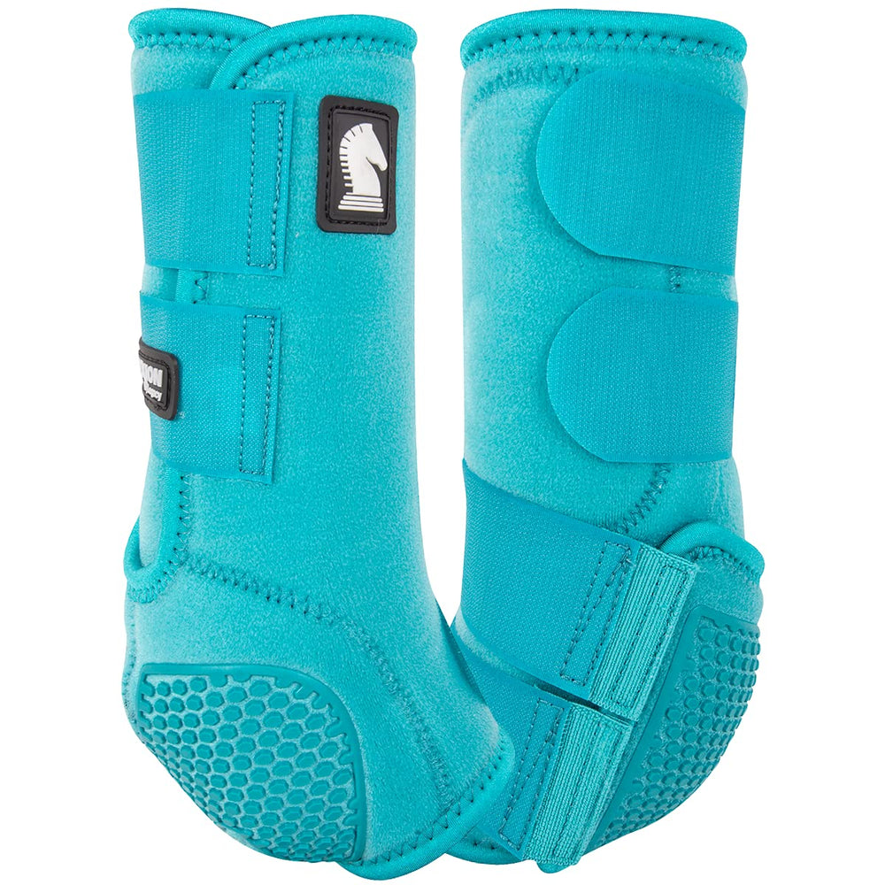 Classic Equine Flexion Hind Boot in Aqua demonstrates secure fit for leg protection during workouts.