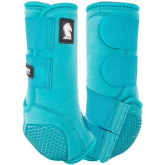 Classic Equine Flexion Hind Boot in Aqua demonstrates secure fit for leg protection during workouts.