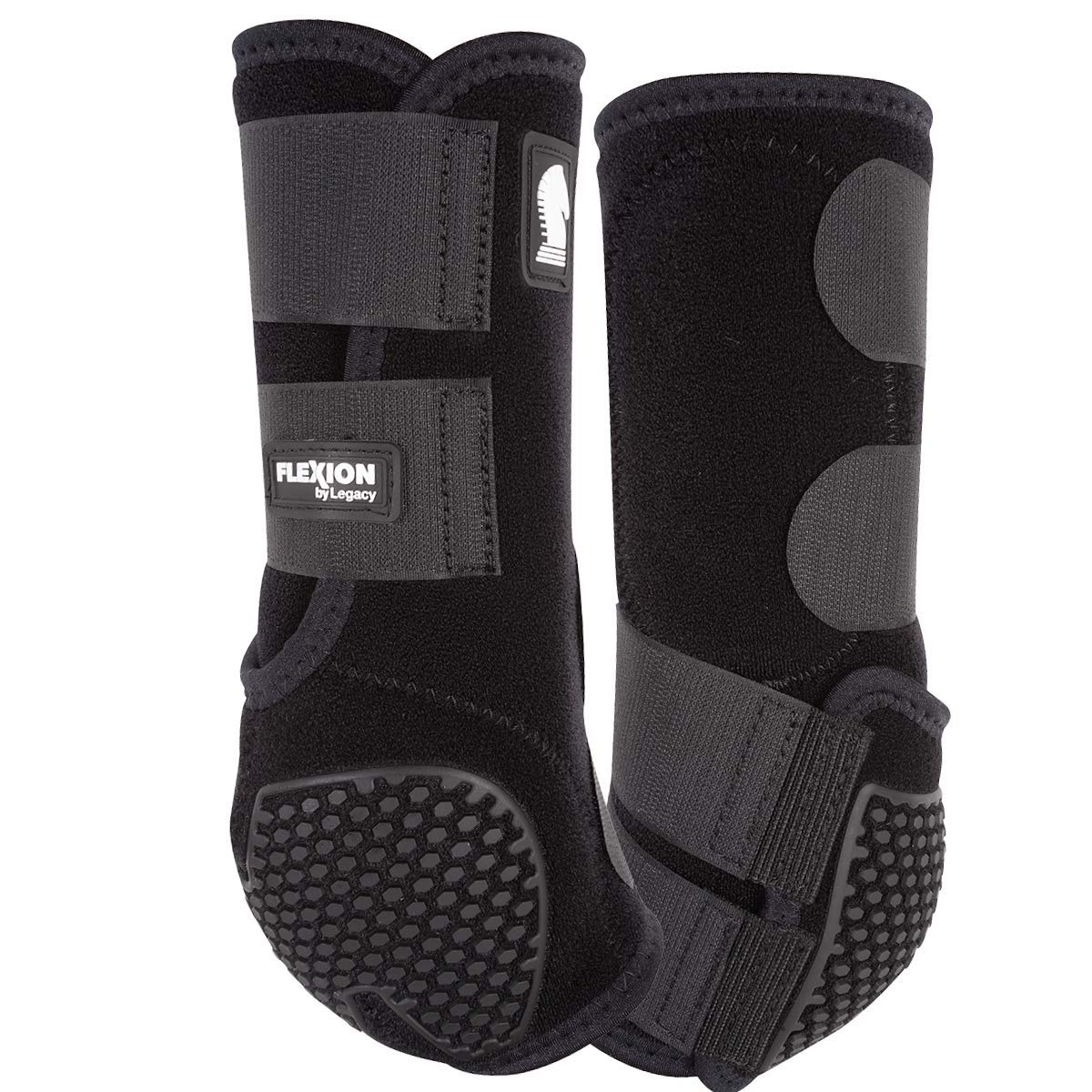 Classic Equine Flexion hind boot close-up shows durable black exterior and secure strap.