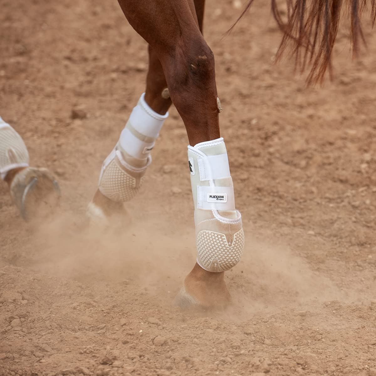 Classic Equine Flexion hind boot white wrapped leg illustrates secure flush cradle fit