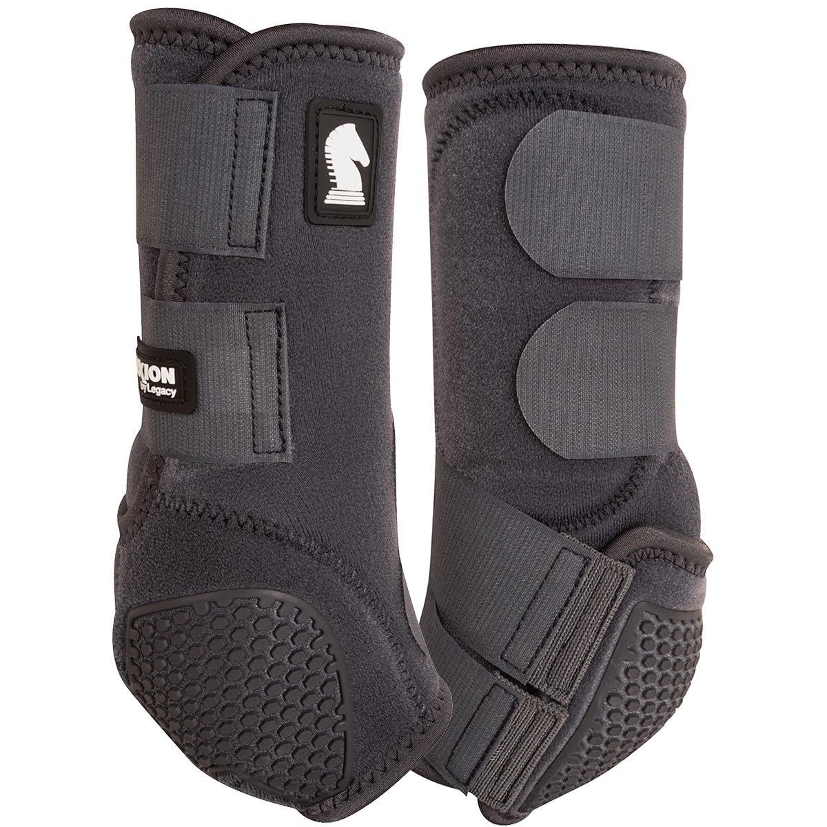 Classic Equine Flexion front boot in charcoal in use provides fetlock support during performance