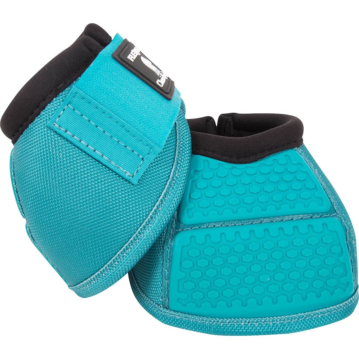 Classic Equine Flexion No Turn Bell Boot Aqua Large showing back-panel flexion technology for durable leg protection.