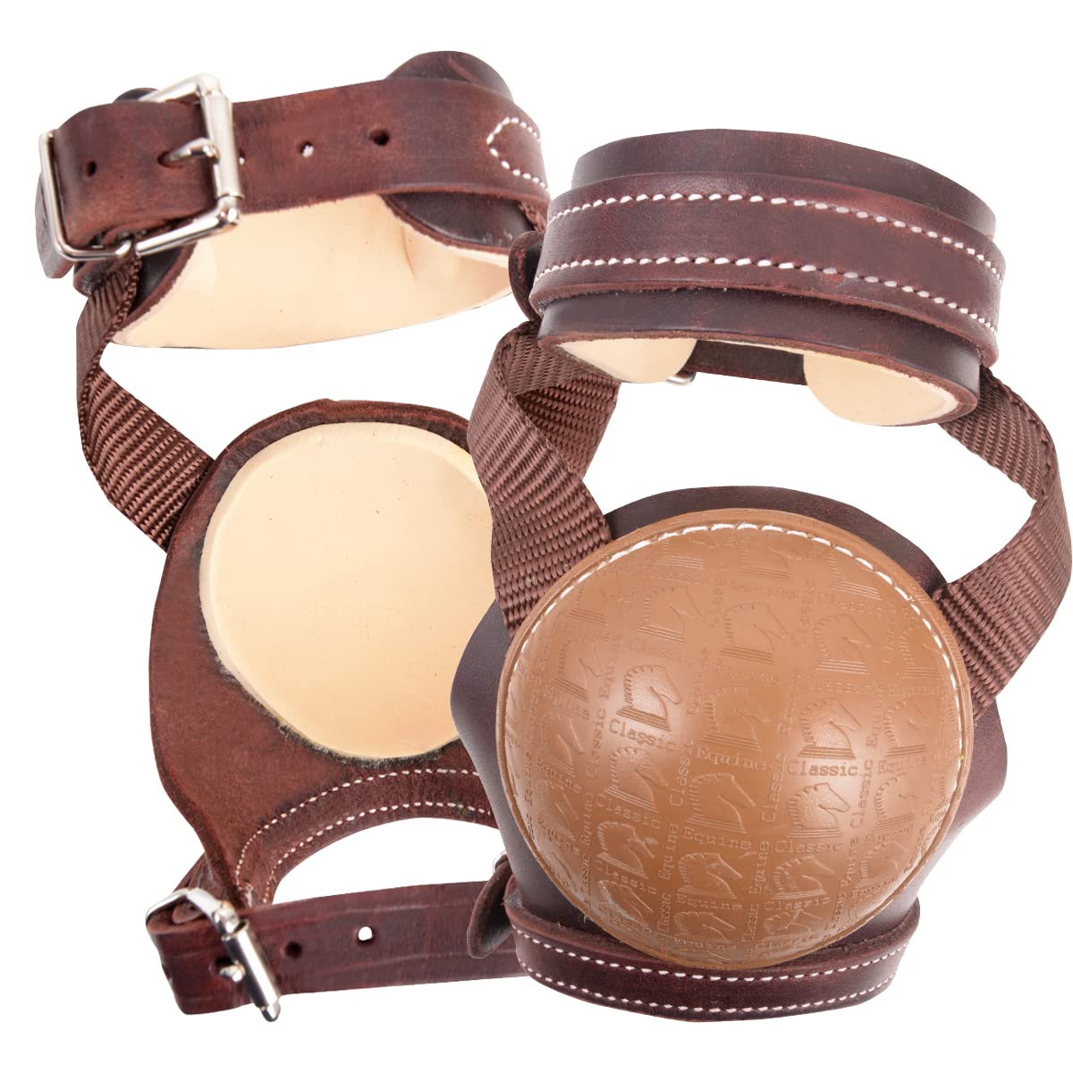 Classic Equine Leather Skid Boot with Nylon Straps side view showing protective shield and secure fit