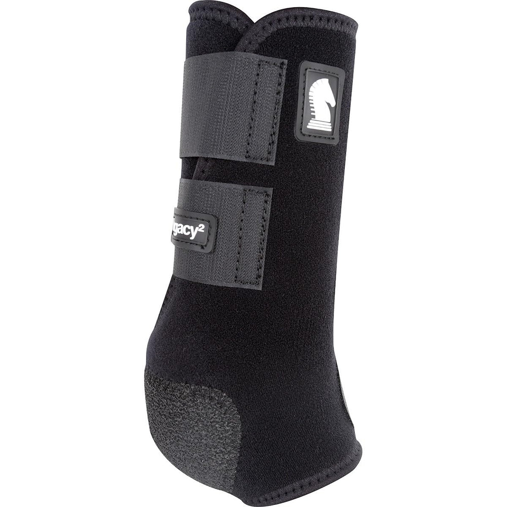 Classic Equine Legacy2 front boot close-up in black highlights the cradle fetlock system for leg protection.