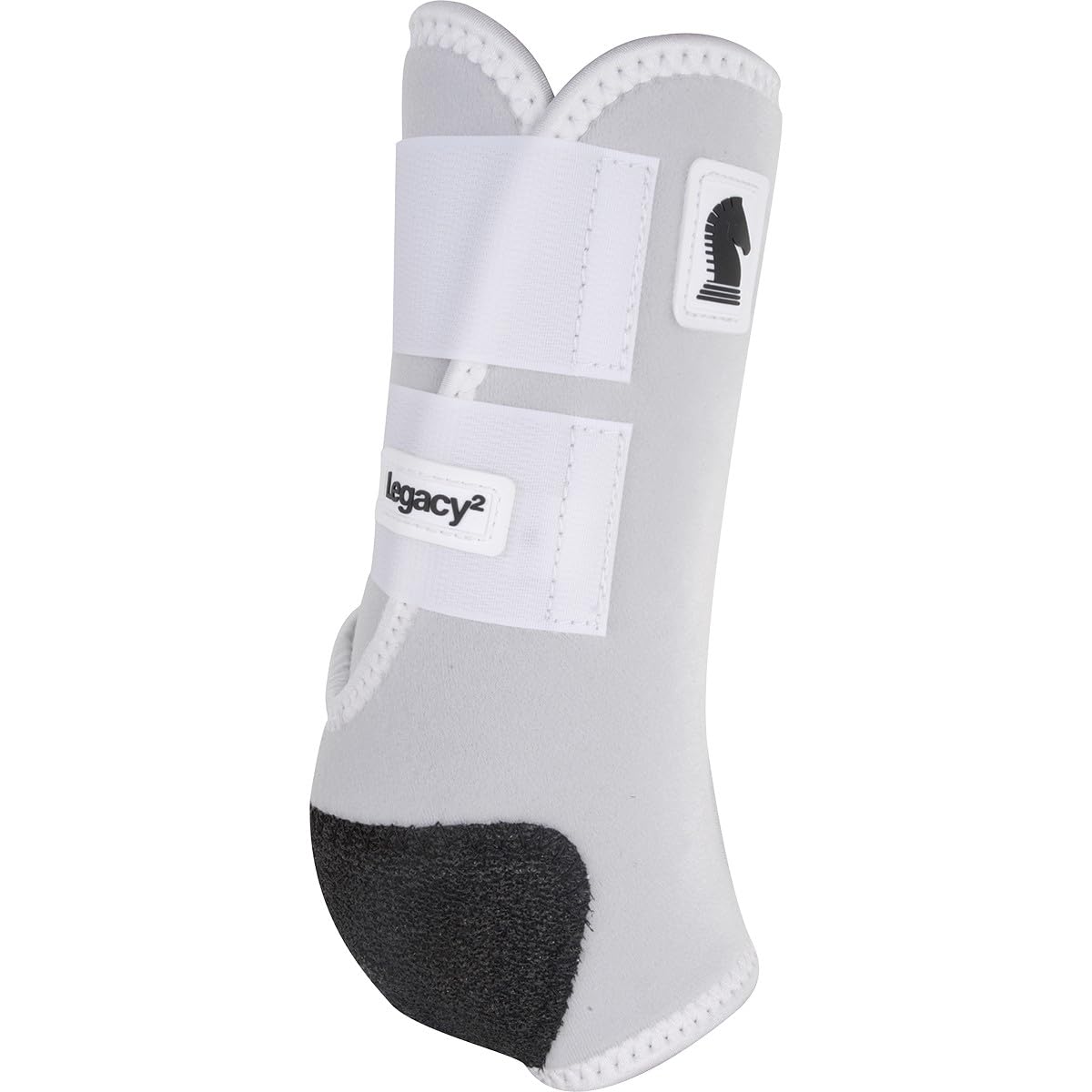 Classic Equine Legacy2 front boot in white with cradle fetlock support for suspensory protection.