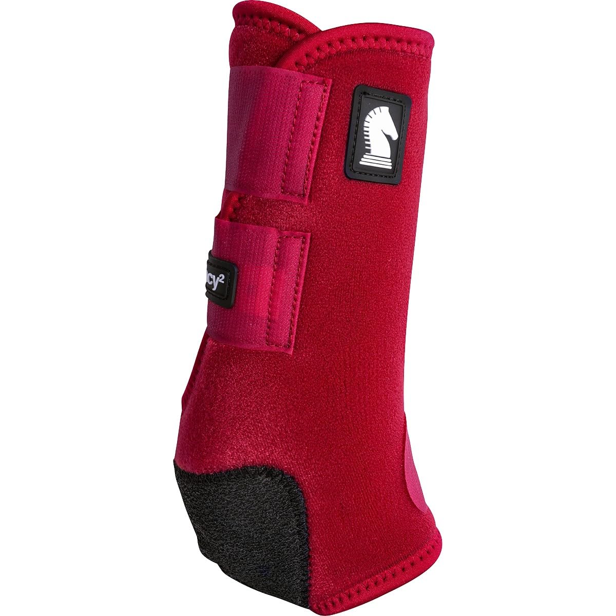Classic Equine Legacy2 front crimson boot showing crossfire protection for leg defense during maneuvers