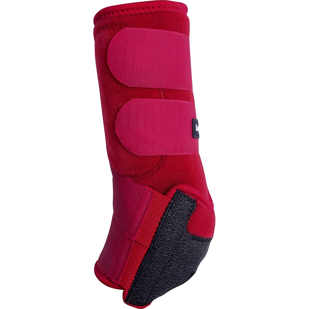 Classic Equine Legacy2 hind boot Crimson small close-up shows shock-absorbing splint pad for comfort and injury prevention