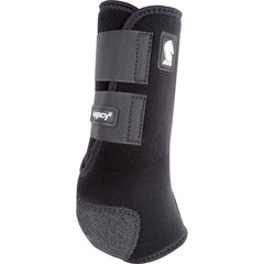 Classic Equine Legacy2 hind boot side view in black highlighting cradle fetlock protection for suspensory support.