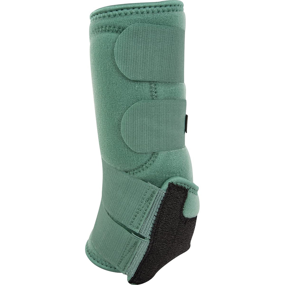 Classic Equine Legacy2 hind boot in spruce shown on horse, featuring shock-absorbing splint pad