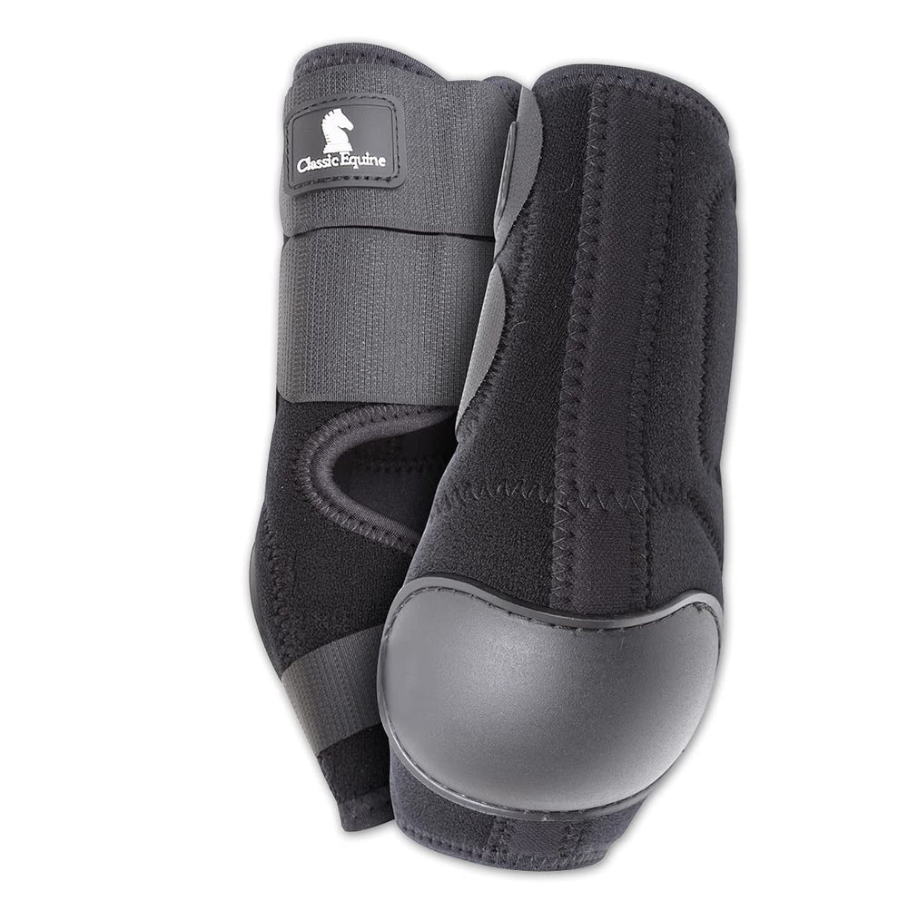 Classic Equine neoprene skid boots in black side view for protection and comfort.