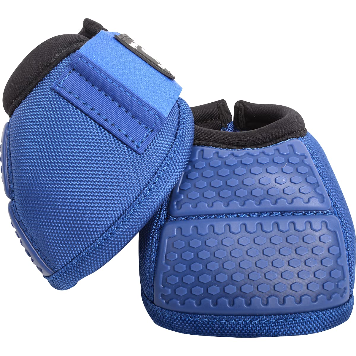 Classic Equine No Turn Flexion Bell Boots in blue, left view, provide stable protection during movement.