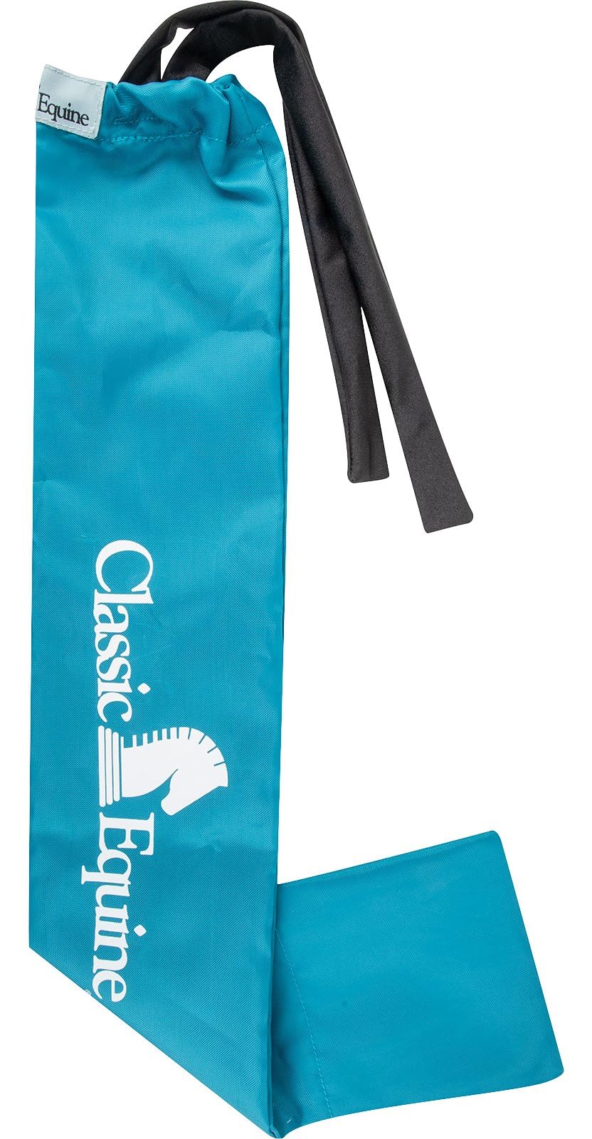 Classic Equine Slick Tail Bag Teal Green on horse, keeps tails off ground during daily grooming and riding.
