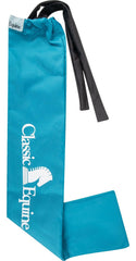 Classic Equine Slick Tail Bag Teal Green on horse, keeps tails off ground during daily grooming and riding.