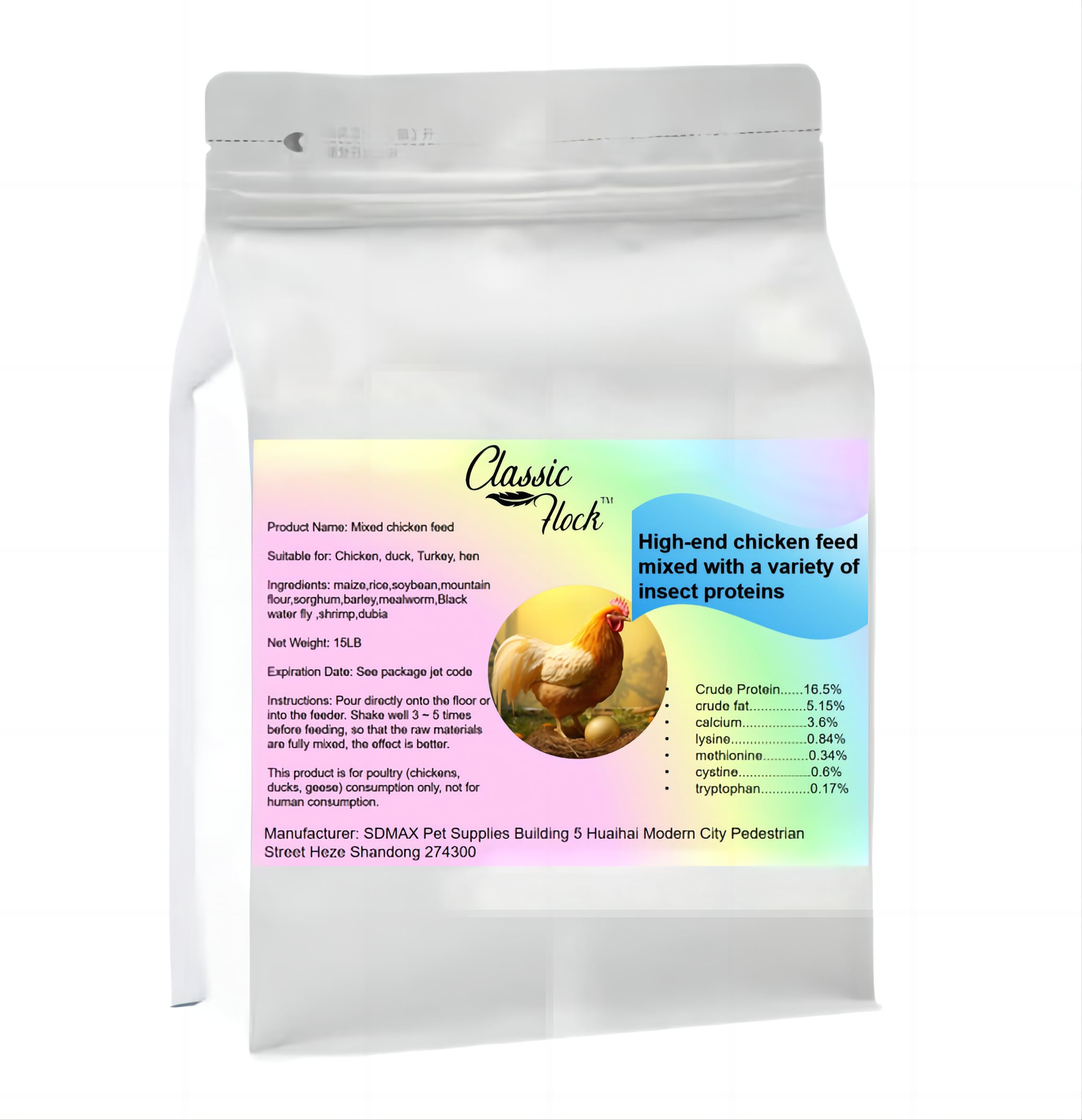 Classic Flock 15lb hen feed bag promotes balanced nutrition for healthier eggs.
